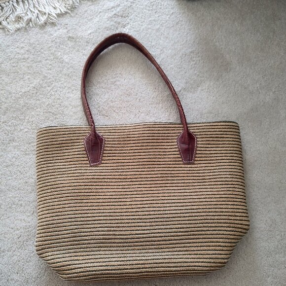 Eric Javits Raffia Beige Weaved Tote Shoulder Bag Croc Embossed Leather Trim - Picture 4 of 9